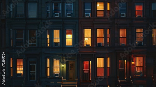 Residential buildings at dusk with multi-colored luminous windows. Hyperrealistic photo.