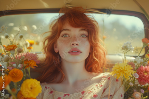 Ethereal Redhead in a Floral Wonderland.
Ethereal moment of a young redhead woman gazing into the distance, enveloped by flowers in a vintage car.