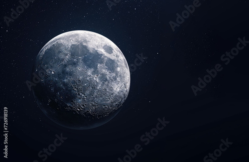 The moon in the starry sky close-up. Hyper-realistic photo.