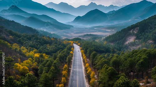 A long straight road surrounded by green trees and foggy mountains in the distance. photo