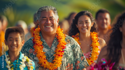 Hawaiian visitors with lei garlands around their necks and traditional hawaii shirts. photo
