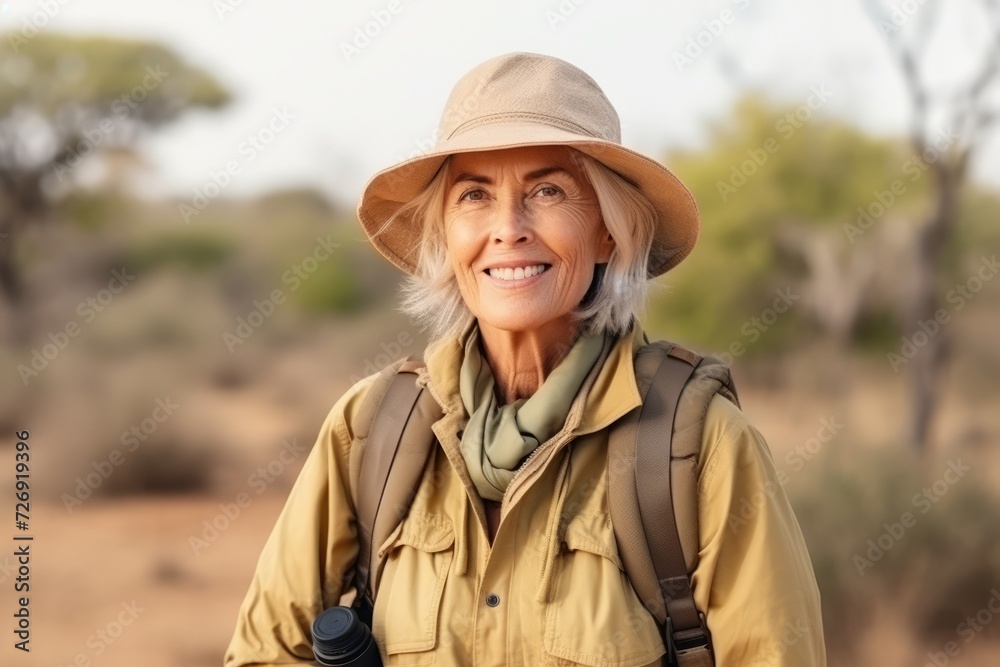 Portrait of a senior woman hiker looking at camera in the countryside