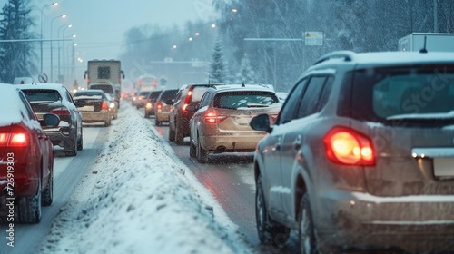 Modern cars are stuck in a traffic jam on a highway in winter. © kardaska
