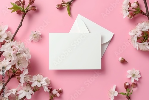 Cherry tree blossom, branches with white spring flowers and envelope over pink background © kardaska