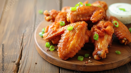 Crispy fried chicken wings on wooden table.