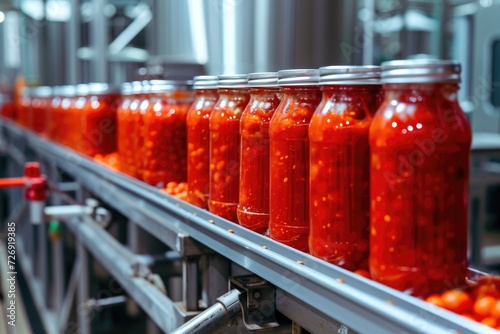 Automated conveyor line or belt in modern tomato paste in glass jars plant or factory production. © kardaska