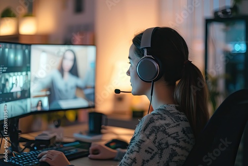 Businesswoman is sitting in the office, wearing headphones and talking on a video cal.