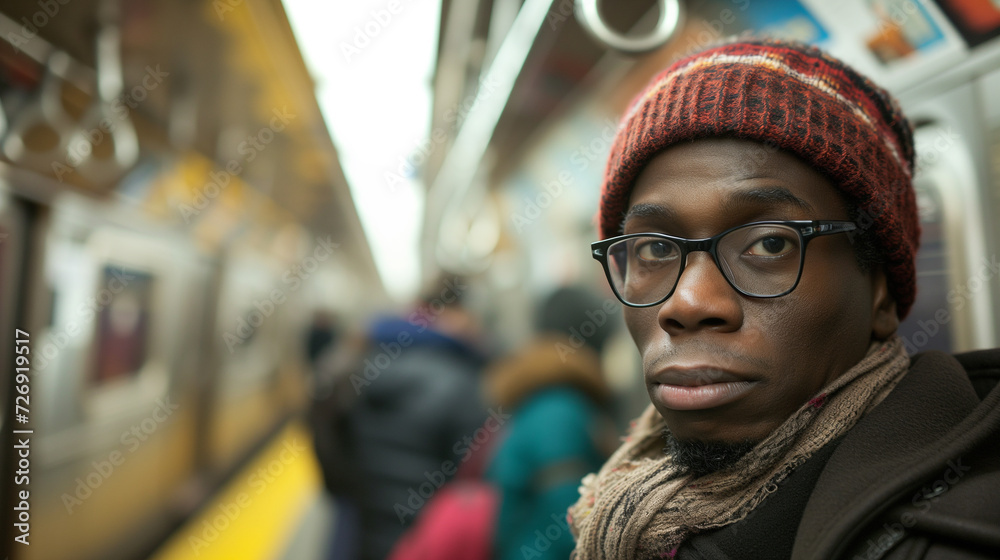 Portrait of black man commuting on a subway train to work. 