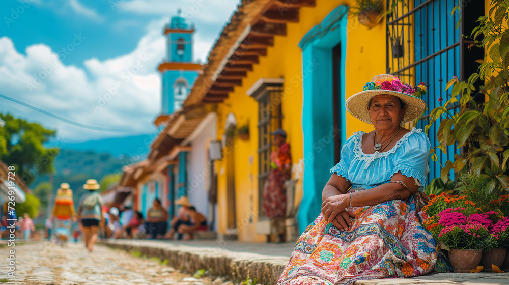 Cultural exploration of new places. Woman sitting in traditional dress in front of colorful houses.