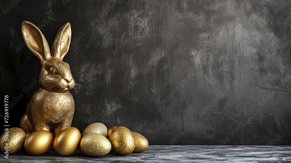 golden easter bunny with golden easter egg - obrazy, fototapety, plakaty 