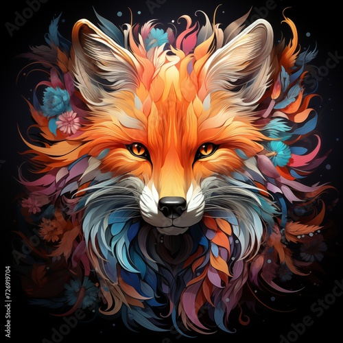 Colorful Fox Head Isolated on Black Background. Generative AI
