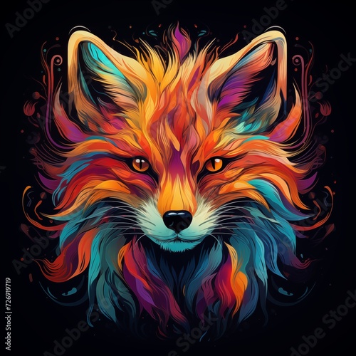 Colorful Design of Fox Head Isolated on Black Background. Generative AI