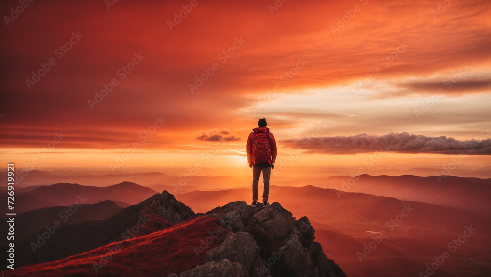 Man standing on top of a mountain with a backpack