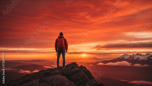 Man standing on top of a mountain with a backpack © 99___Designer
