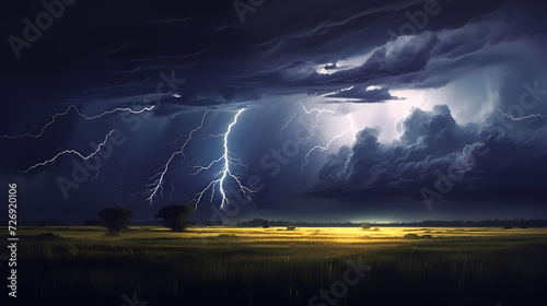 Lightning on the sky  gloomy ominous storm clouds background