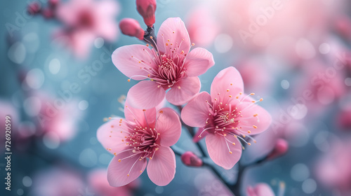 pink magnolia blossom, blooming blossom tree during Spring season with beautiful soft warm sunlight and bokeh