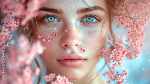 portrait of a woman with sparkles and flowers, portrait of a beautiful serious woman focused on the camera Confident female model with a calm sensual expression