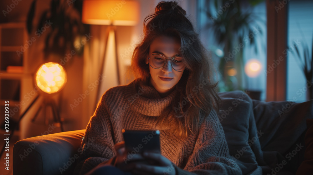 woman sitting on a sofa with mobile phone, people monitoring home electricity usage with mobile apps, people checking energy usage to save electricity bills, energy transition - obrazy, fototapety, plakaty 