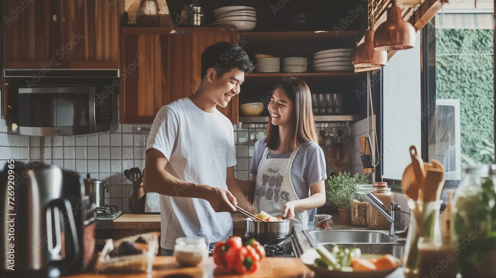 pareja de hombre y mujer asiática de pie desayunando en la cocina a primera hora de la mañana con luz natural preparando comida. - obrazy, fototapety, plakaty 