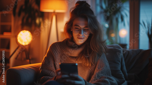 woman sitting on a sofa with mobile phone, people monitoring home electricity usage with mobile apps, people checking energy usage to save electricity bills, energy transition