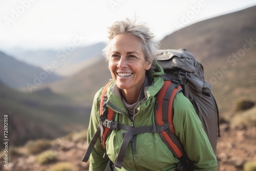 Portrait of smiling woman hiker standing on top of a mountain