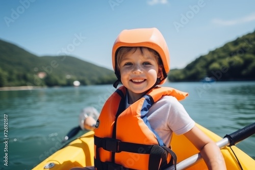 Portrait of a cute little boy kayaking on the lake. © Nerea