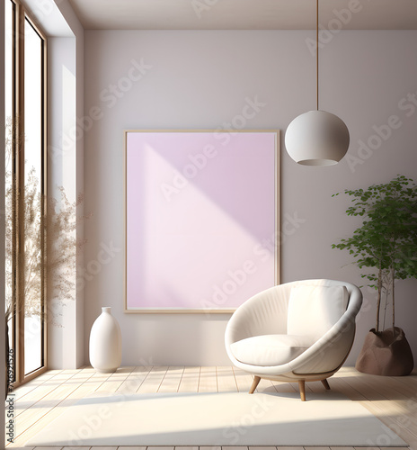 modern living room with sofa chair and frame in wall vase with plant in it  window  lamp home interior design  couch  beige white and violet  sun light mockup