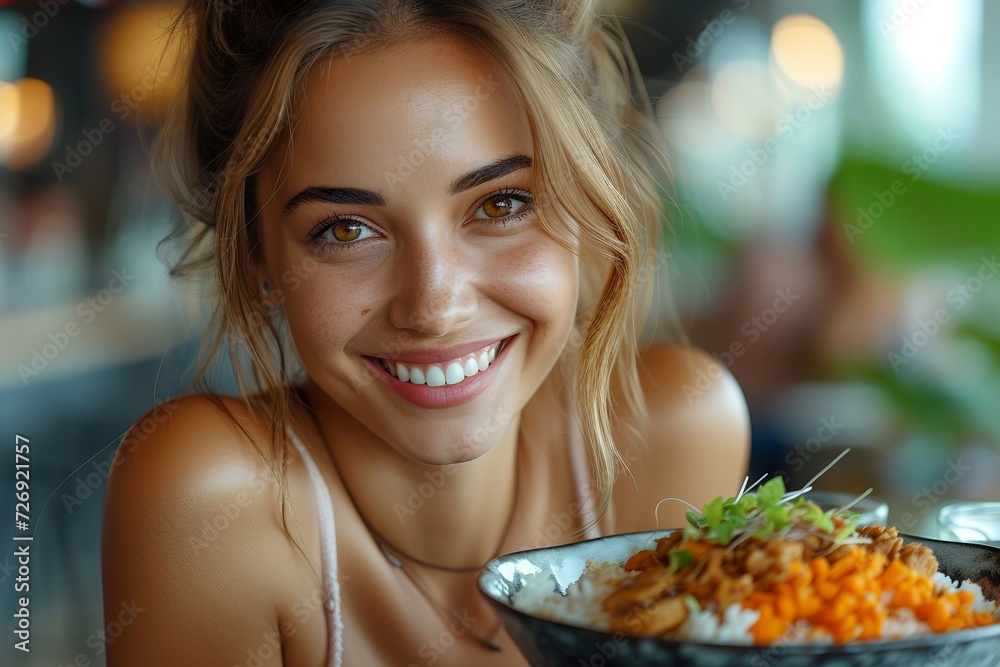 Freude am Essen: Strahlende Frau mit gesundem Mahl Freude am Essen: Strahlende Frau mit gesundem Mahl