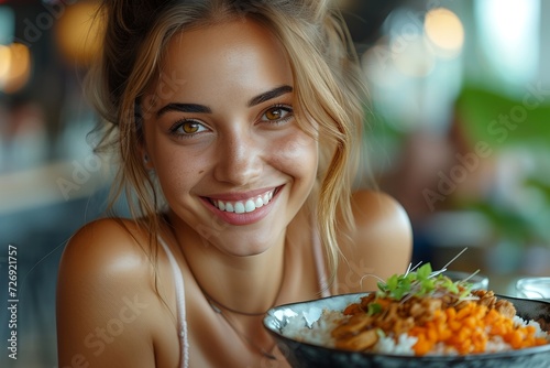 Freude am Essen  Strahlende Frau mit gesundem Mahl