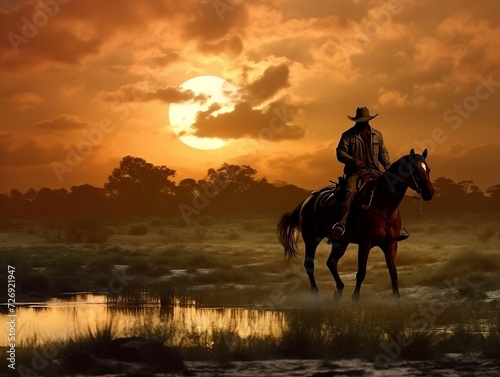 Cowboy riding on a horse in sunset © Generative Ai