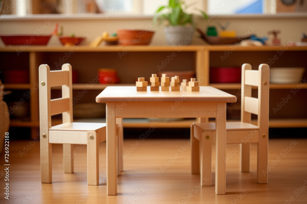 Montessori materials concept. empty low wooden table and chairs in kindergarten.