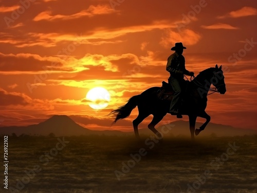 Cowboy riding on a horse in sunset photo