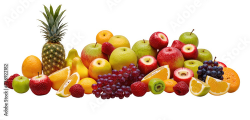 Fruit mix. Wide collage of fresh fruits and vegetables for layout isolated on white background. Ripe fruits isolated on white background