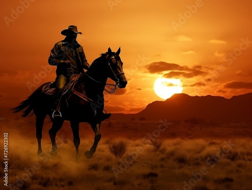 Cowboy riding on a horse in sunset © Generative Ai