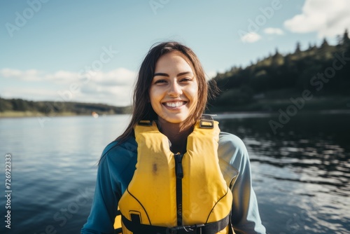 Portrait of a young woman in a yellow life jacket on a lake. © Nerea