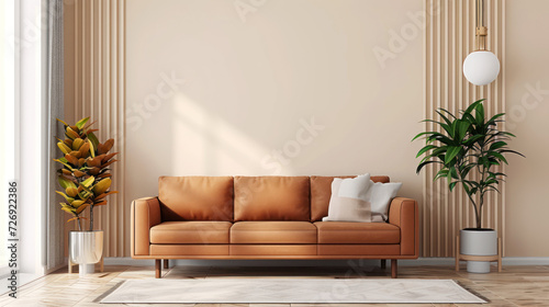 Explore a mockup of a living room wall with a white background, adorned with a leather sofa and stylish decor © SebuahKisah