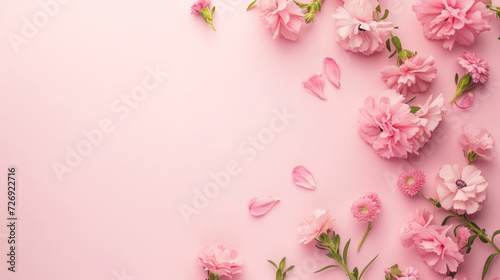 A delightful top view showcases carnations arranged on a charming pink background for Mother's Day © SebuahKisah