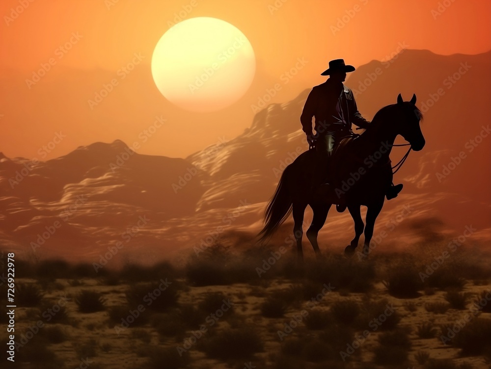 Cowboy riding on a horse in sunset