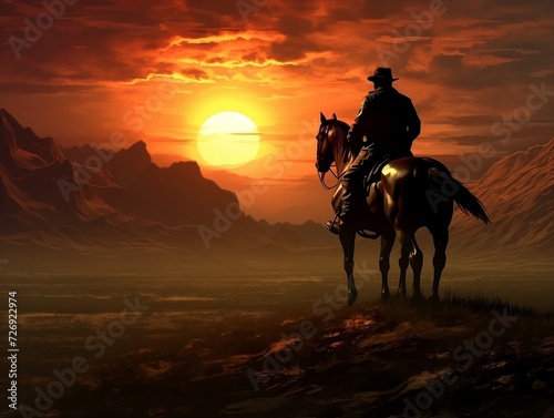 Cowboy riding on a horse in sunset