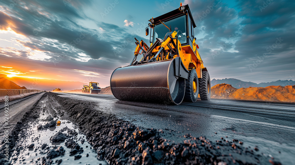 Road roller machine at a construction site, new pavement process. Road roller machine at a construction site, new pavement process.