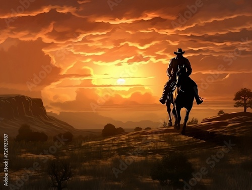 Cowboy riding on a horse in sunset
