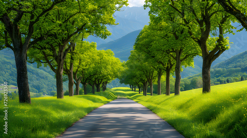 A tree-lined country road with a blue sky and green grass on either side.