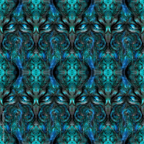Ethereal Green and Blue Abstract Pattern with Futuristic Details. Seamless Repeatable Background