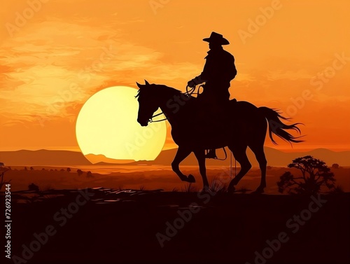 Cowboy riding on a horse in sunset