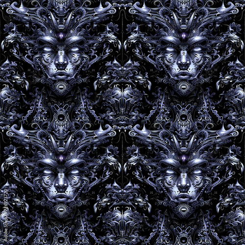 Futuristic Abstract Grey Background with Intricate Sci-Fi Heads. Seamless Repeatable Background