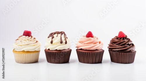 Close-up of four delicious mouth-watering variety of cupcakes decorated with cream and berries on a white background with a copy space.