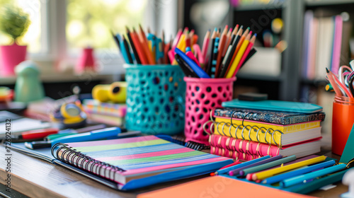 Colorful school supplies and stationary in various containers and sizes.