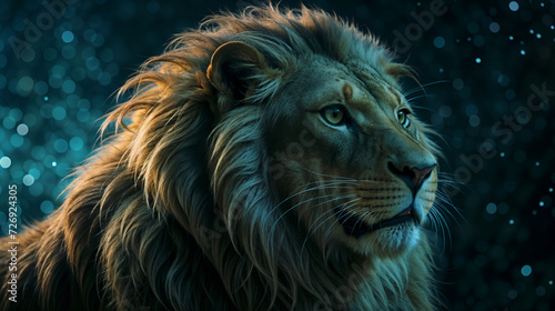 A lion with a full mane looks into the distance against a dark  possibly space-related  background. There are also sparks flying around the lion.