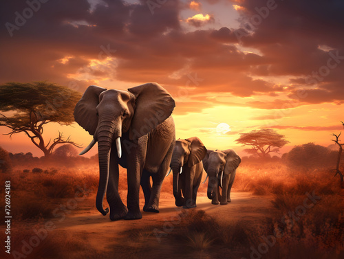 Elephants family walking in sunset