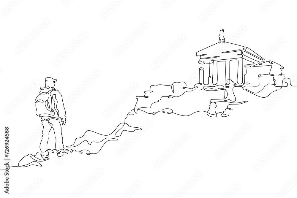 Tourist at historical ruins. Traveler visits a cultural monument . Travel to historical places. Tourist with a backpack.One continuous line drawing. Linear. Hand drawn, white background. One line